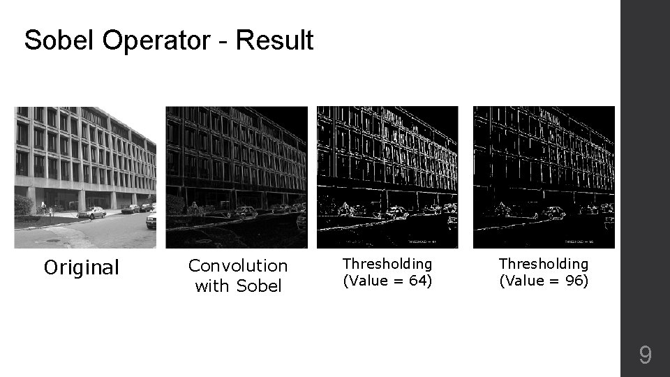 Sobel Operator - Result Original Convolution with Sobel Thresholding (Value = 64) Thresholding (Value