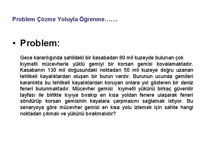 Problem Çözme Yoluyla Öğrenme……. • Problem: Gece karanlığında sahildeki bir kasabadan 80 mil kuzeyde