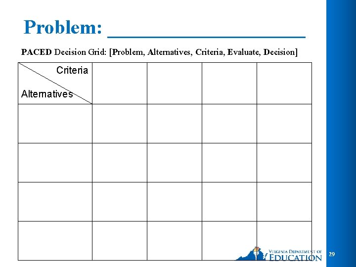 Problem: __________ PACED Decision Grid: [Problem, Alternatives, Criteria, Evaluate, Decision] Criteria Alternatives 29 