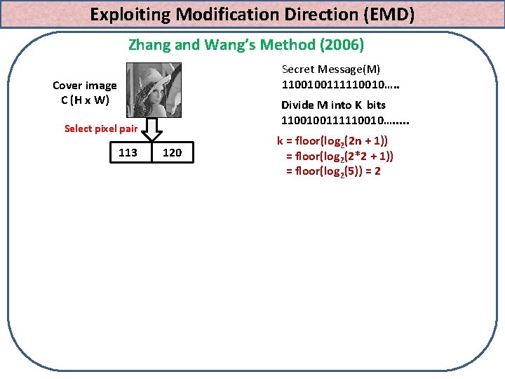 Exploiting Modification Direction (EMD) Zhang and Wang’s Method (2006) Secret Message(M) 1100100111110010…. . Cover