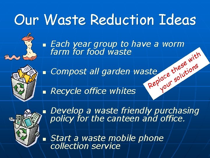 Our Waste Reduction Ideas n n n Each year group to have a worm Our Waste Reduction Ideas n n n Each year group to have a worm