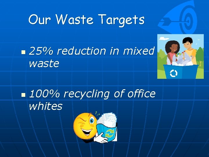 Our Waste Targets n n 25% reduction in mixed waste 100% recycling of office Our Waste Targets n n 25% reduction in mixed waste 100% recycling of office
