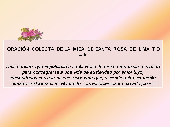 ORACIÓN COLECTA DE LA MISA DE SANTA ROSA DE LIMA T. O. –A Dios