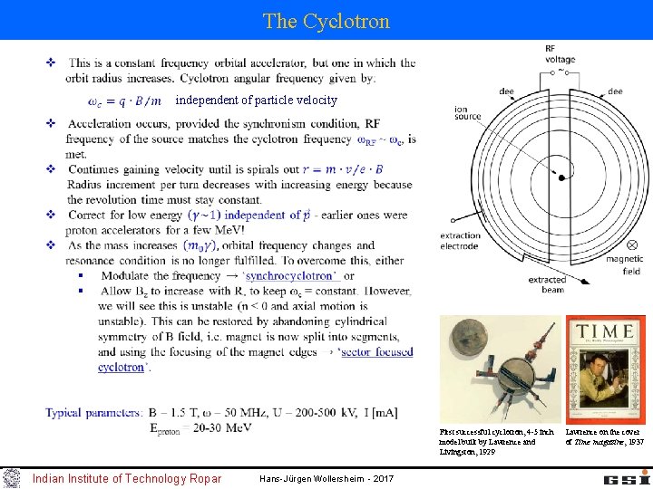 The Cyclotron independent of particle velocity First successful cyclotron, 4 -5 inch model built The Cyclotron independent of particle velocity First successful cyclotron, 4 -5 inch model built