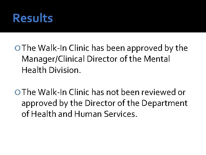 Results The Walk-In Clinic has been approved by the Manager/Clinical Director of the Mental