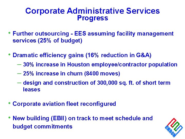 Corporate Administrative Services Progress • Further outsourcing - EES assuming facility management services (25%