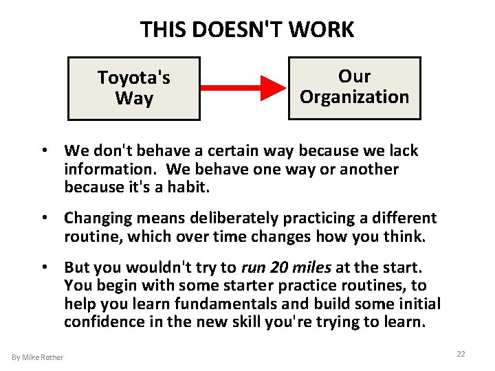 THIS DOESN'T WORK Toyota's Way Our Organization • We don't behave a certain way