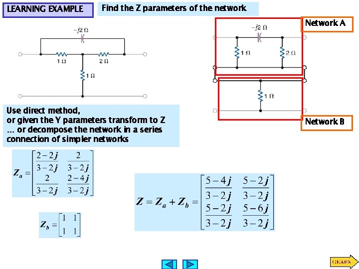 LEARNING EXAMPLE Find the Z parameters of the network Network A Use direct method,