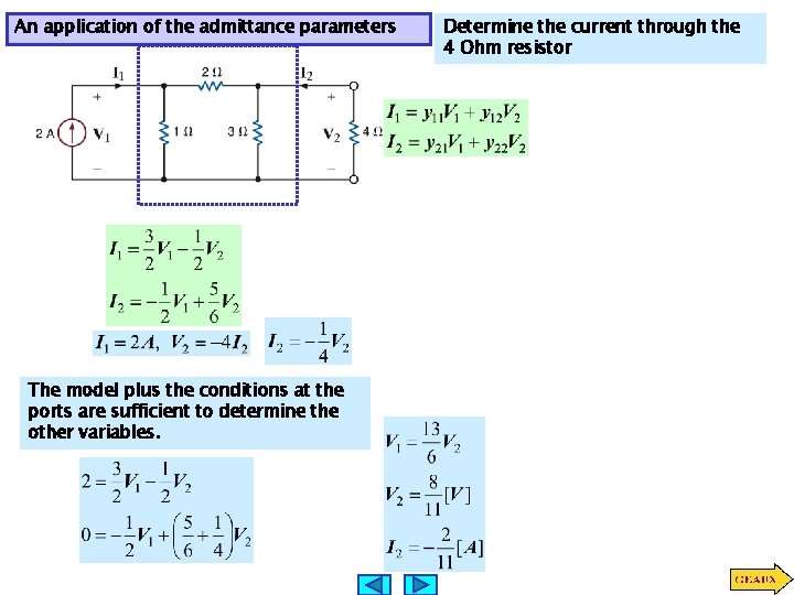 An application of the admittance parameters The model plus the conditions at the ports