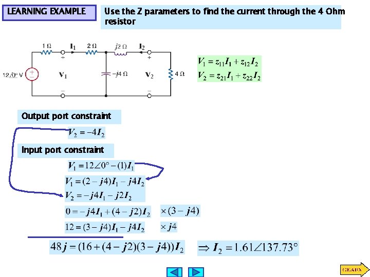 LEARNING EXAMPLE Use the Z parameters to find the current through the 4 Ohm