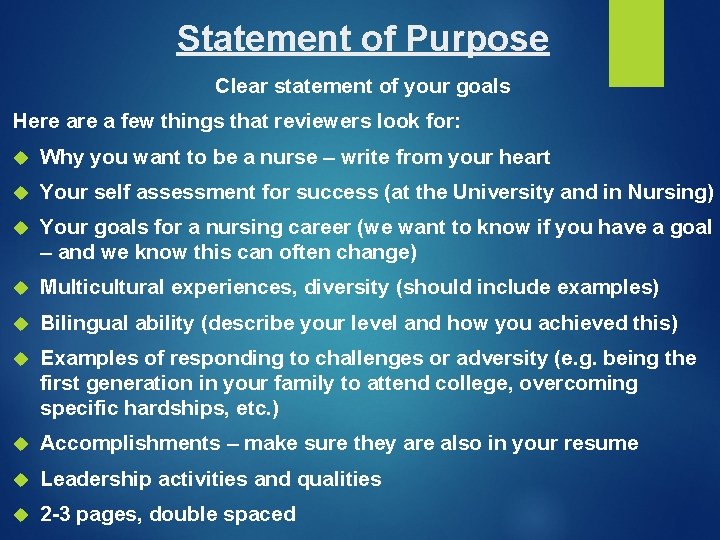Statement of Purpose Clear statement of your goals Here a few things that reviewers Statement of Purpose Clear statement of your goals Here a few things that reviewers