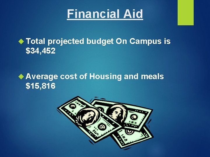 Financial Aid Total projected budget On Campus is $34, 452 Average cost of Housing Financial Aid Total projected budget On Campus is $34, 452 Average cost of Housing