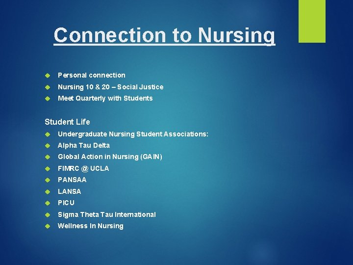 Connection to Nursing Personal connection Nursing 10 & 20 – Social Justice Meet Quarterly Connection to Nursing Personal connection Nursing 10 & 20 – Social Justice Meet Quarterly