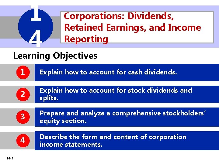 1 4 Corporations: Dividends, Retained Earnings, and Income Reporting Learning Objectives 14 -1 1
