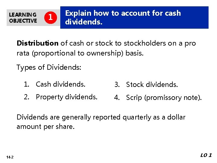 LEARNING OBJECTIVE 1 Explain how to account for cash dividends. Distribution of cash or