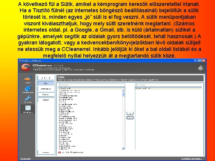 A következő fül a Sütik, amiket a kémprogram keresők előszeretettel irtanak. Ha a Tisztító