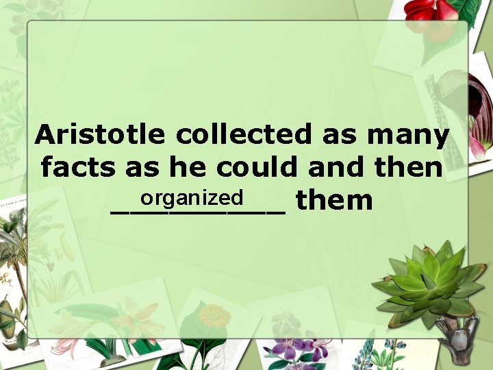 Aristotle collected as many facts as he could and then organized _____ them 