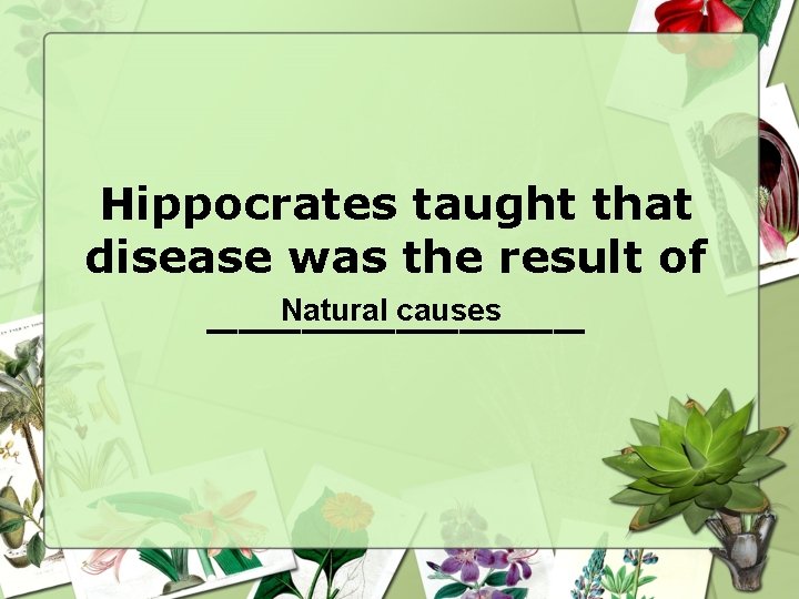 Hippocrates taught that disease was the result of Natural causes ______ 