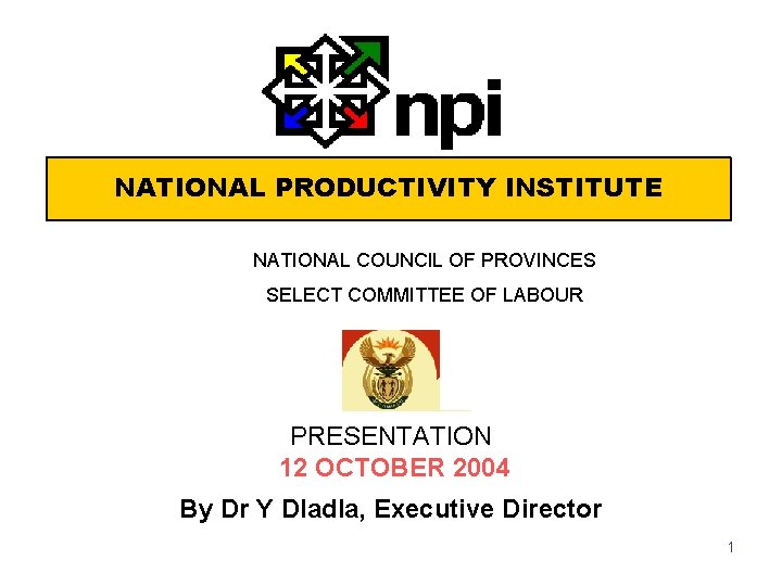 NATIONAL PRODUCTIVITY INSTITUTE NATIONAL COUNCIL OF PROVINCES SELECT COMMITTEE OF LABOUR PRESENTATION 12 OCTOBER