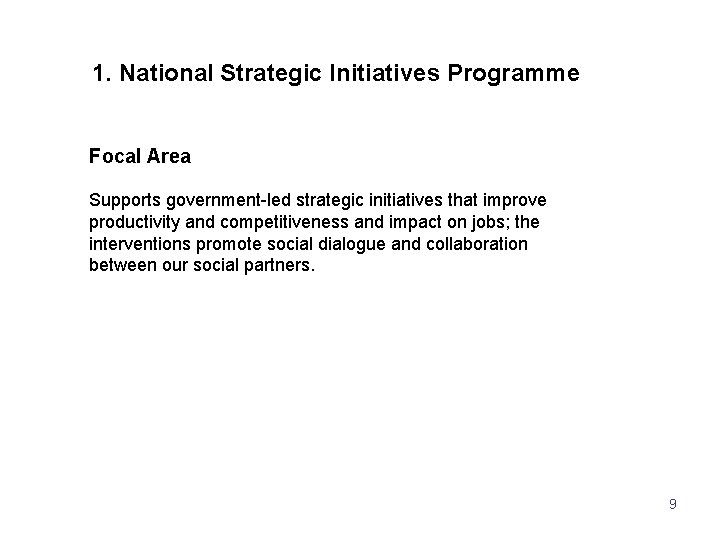 1. National Strategic Initiatives Programme Focal Area Supports government-led strategic initiatives that improve productivity