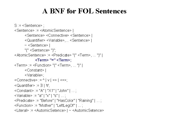A BNF for FOL Sentences S : = <Sentence> ; <Sentence> : = <Atomic.