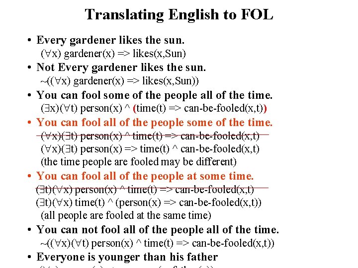Translating English to FOL • Every gardener likes the sun. ( x) gardener(x) =>