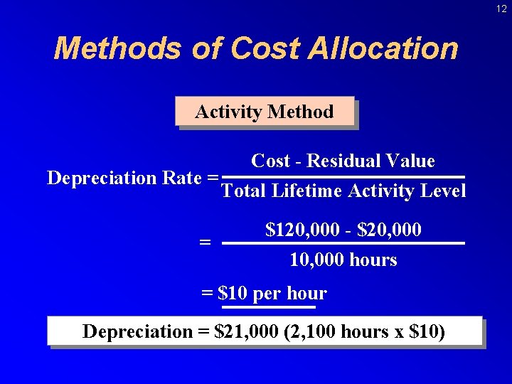 12 Methods of Cost Allocation Activity Method Depreciation Rate = = Cost - Residual