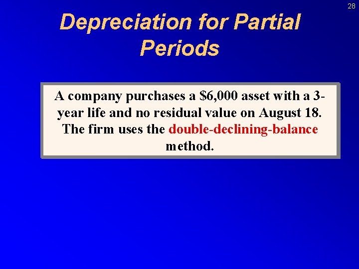 Depreciation for Partial Periods A company purchases a $6, 000 asset with a 3