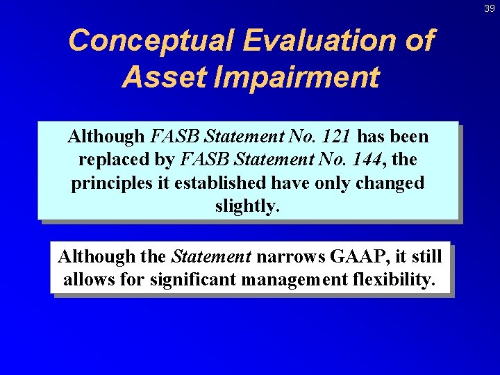 39 Conceptual Evaluation of Asset Impairment Although FASB Statement No. 121 has been replaced
