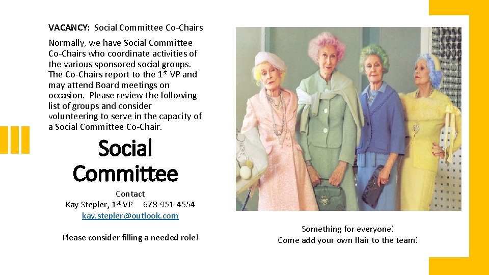 VACANCY: Social Committee Co-Chairs Normally, we have Social Committee Co-Chairs who coordinate activities of