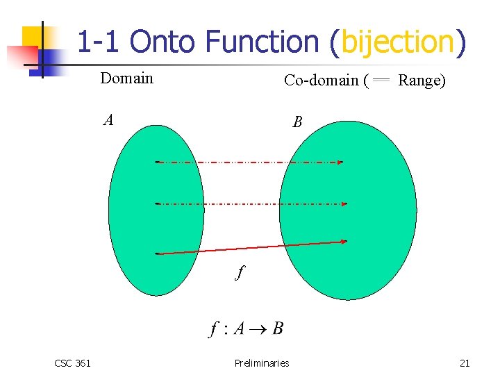 1 -1 Onto Function (bijection) Domain Co-domain ( A Range) B f CSC 361