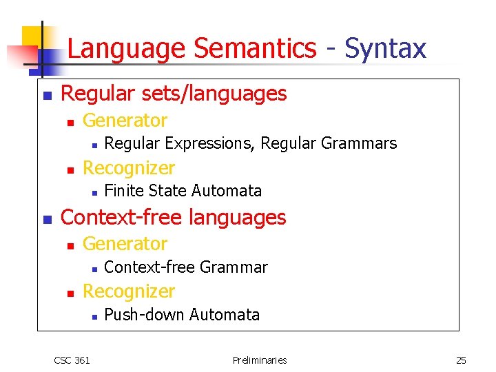 Language Semantics - Syntax n Regular sets/languages n Generator n n Recognizer n n