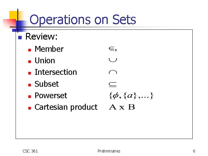 Operations on Sets n Review: n n n Member Union Intersection Subset Powerset Cartesian