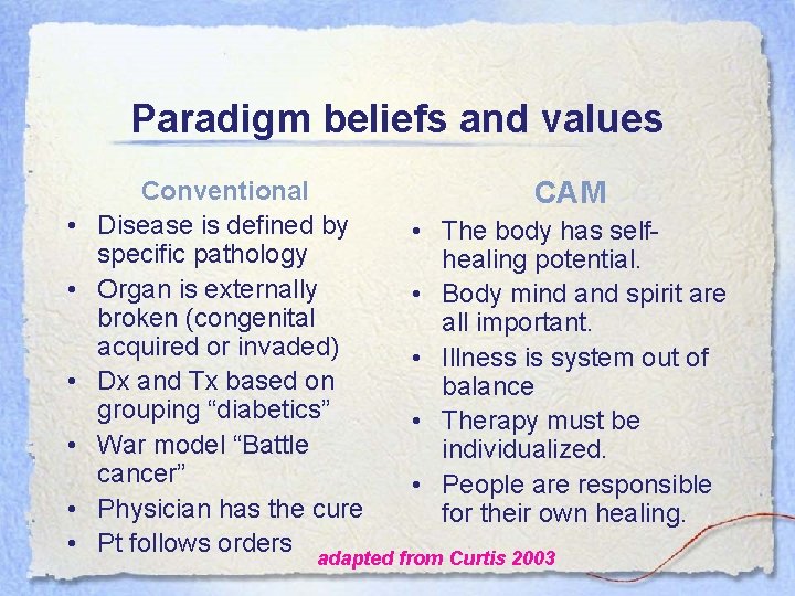 Paradigm beliefs and values • • • Conventional Disease is defined by specific pathology