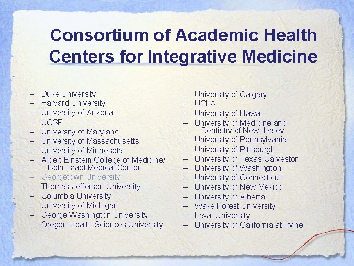 Consortium of Academic Health Centers for Integrative Medicine – – – – Duke University