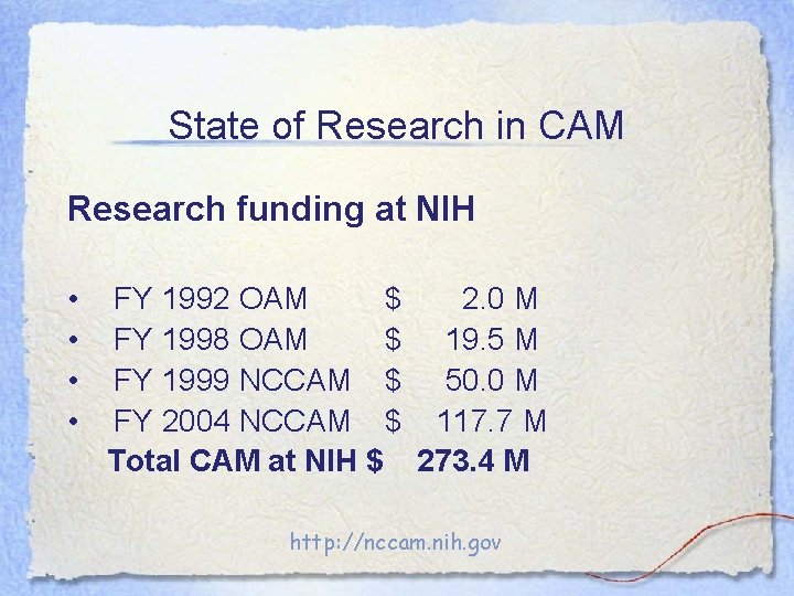 State of Research in CAM Research funding at NIH • • FY 1992 OAM