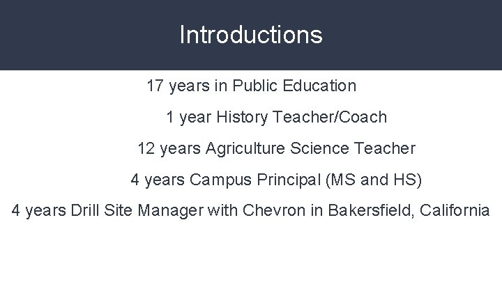 Introductions 17 years in Public Education 1 year History Teacher/Coach 12 years Agriculture Science