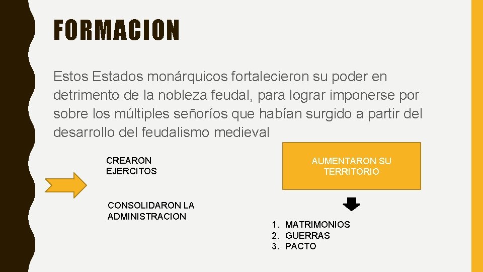 FORMACION Estos Estados monárquicos fortalecieron su poder en detrimento de la nobleza feudal, para