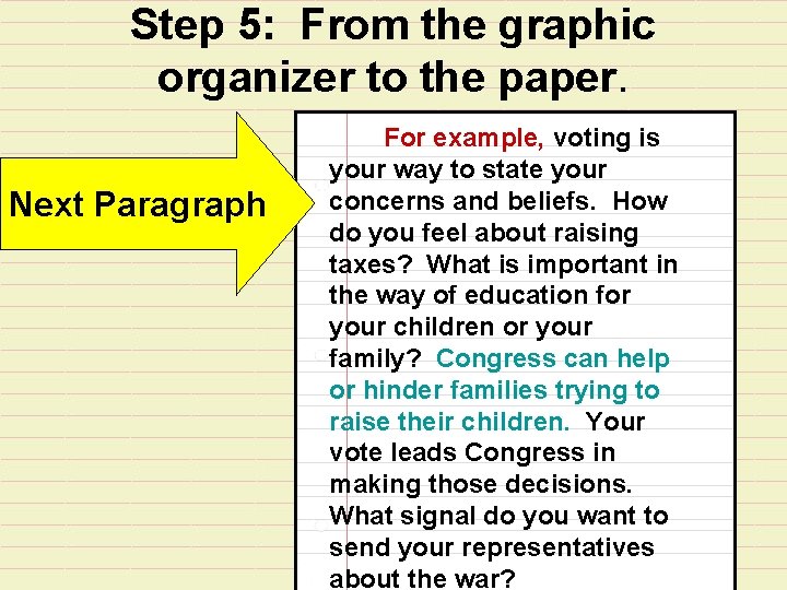 Step 5: From the graphic organizer to the paper. Next Paragraph For example, voting