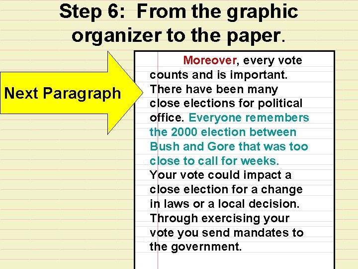 Step 6: From the graphic organizer to the paper. Next Paragraph Moreover, every vote