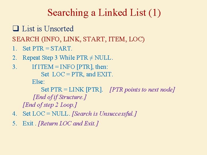 Searching a Linked List (1) q List is Unsorted SEARCH (INFO, LINK, START, ITEM,