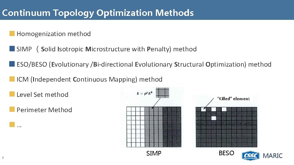Continuum Topology Optimization Methods Homogenization method SIMP （Solid Isotropic Microstructure with Penalty) method ESO/BESO