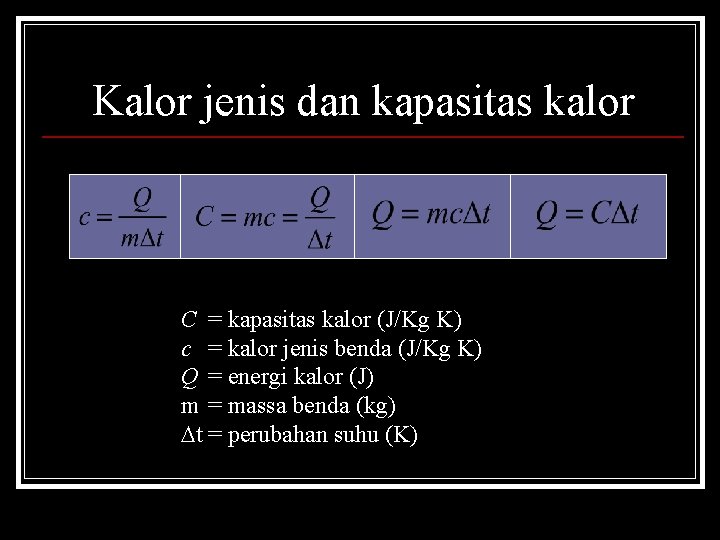 Kalor jenis dan kapasitas kalor C = kapasitas kalor (J/Kg K) c = kalor