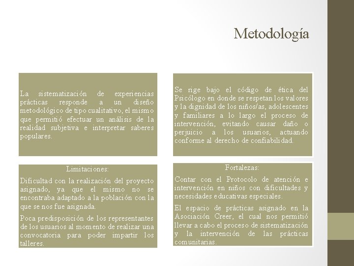 Metodología La sistematización de experiencias prácticas responde a un diseño metodológico de tipo cualitativo,