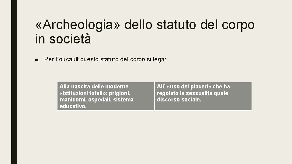  «Archeologia» dello statuto del corpo in società ■ Per Foucault questo statuto del