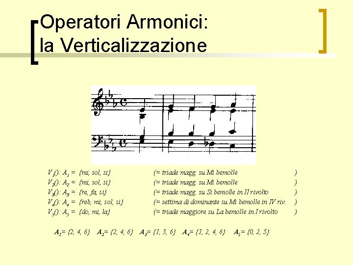 Operatori Armonici: la Verticalizzazione V 1(): A 1 = V 2(): A 2 =