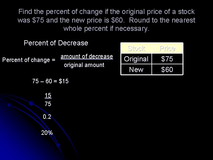 Find the percent of change if the original price of a stock was $75