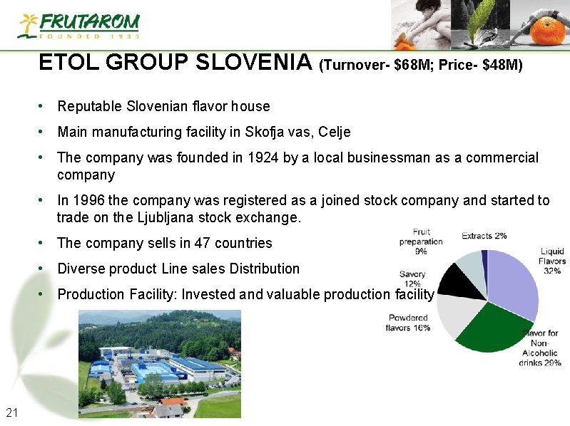 ETOL GROUP SLOVENIA (Turnover- $68 M; Price- $48 M) • Reputable Slovenian flavor house