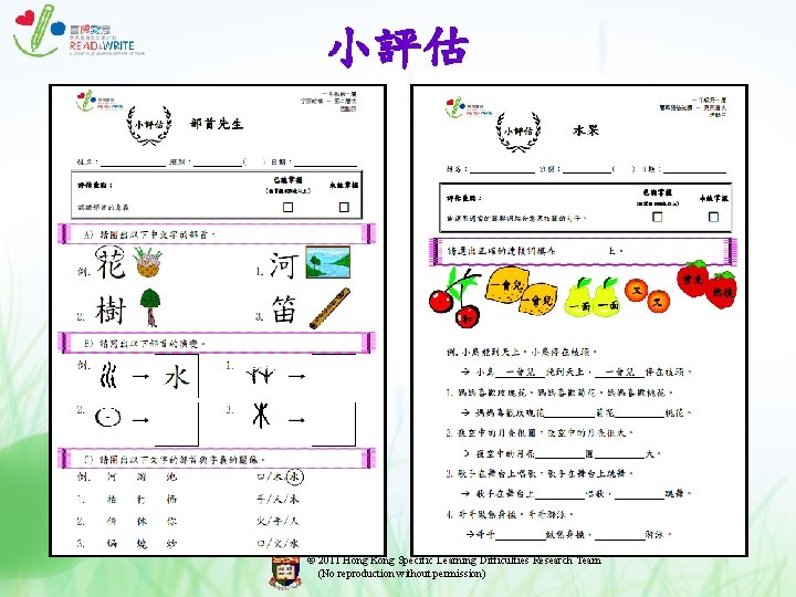 小評估 © 2011 Hong Kong Specific Learning Difficulties Research Team (No reproduction without permission) 小評估 © 2011 Hong Kong Specific Learning Difficulties Research Team (No reproduction without permission)