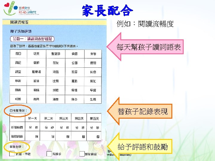 家長配合 例如︰閱讀流暢度 每天幫孩子讀詞語表 替孩子記錄表現 給予評語和鼓勵 © 2011 Hong Kong Specific Learning Difficulties Research Team 家長配合 例如︰閱讀流暢度 每天幫孩子讀詞語表 替孩子記錄表現 給予評語和鼓勵 © 2011 Hong Kong Specific Learning Difficulties Research Team